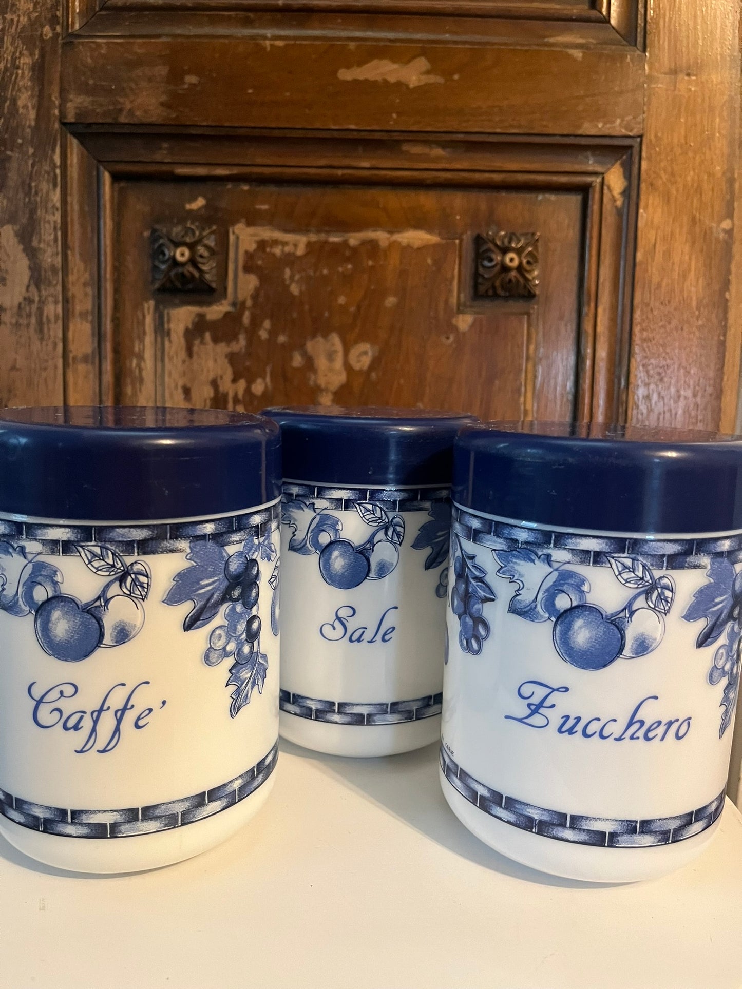 Set of Three Blue and White Decorative Canisters