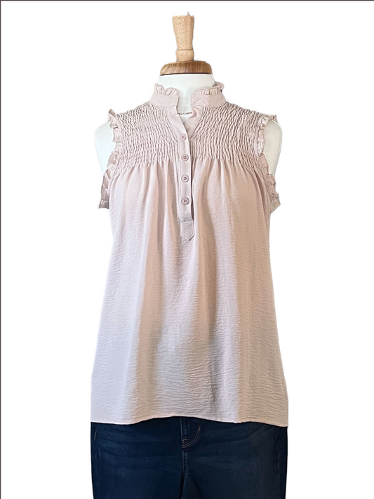 Solid Ruffle Button Up Sleeveless Woven Top -SOLD OUT