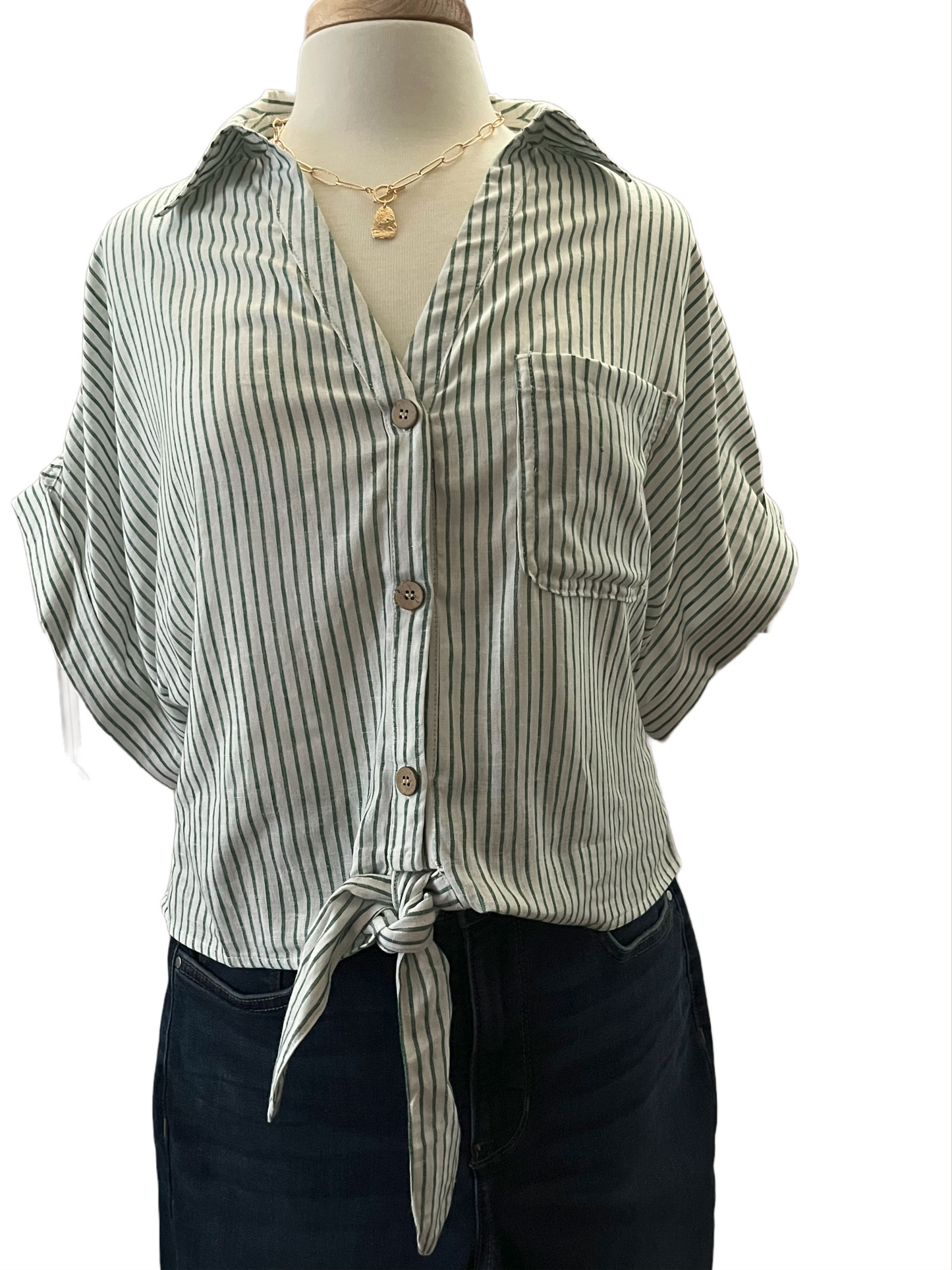 Green Striped Tie Front Short Sleeve Top