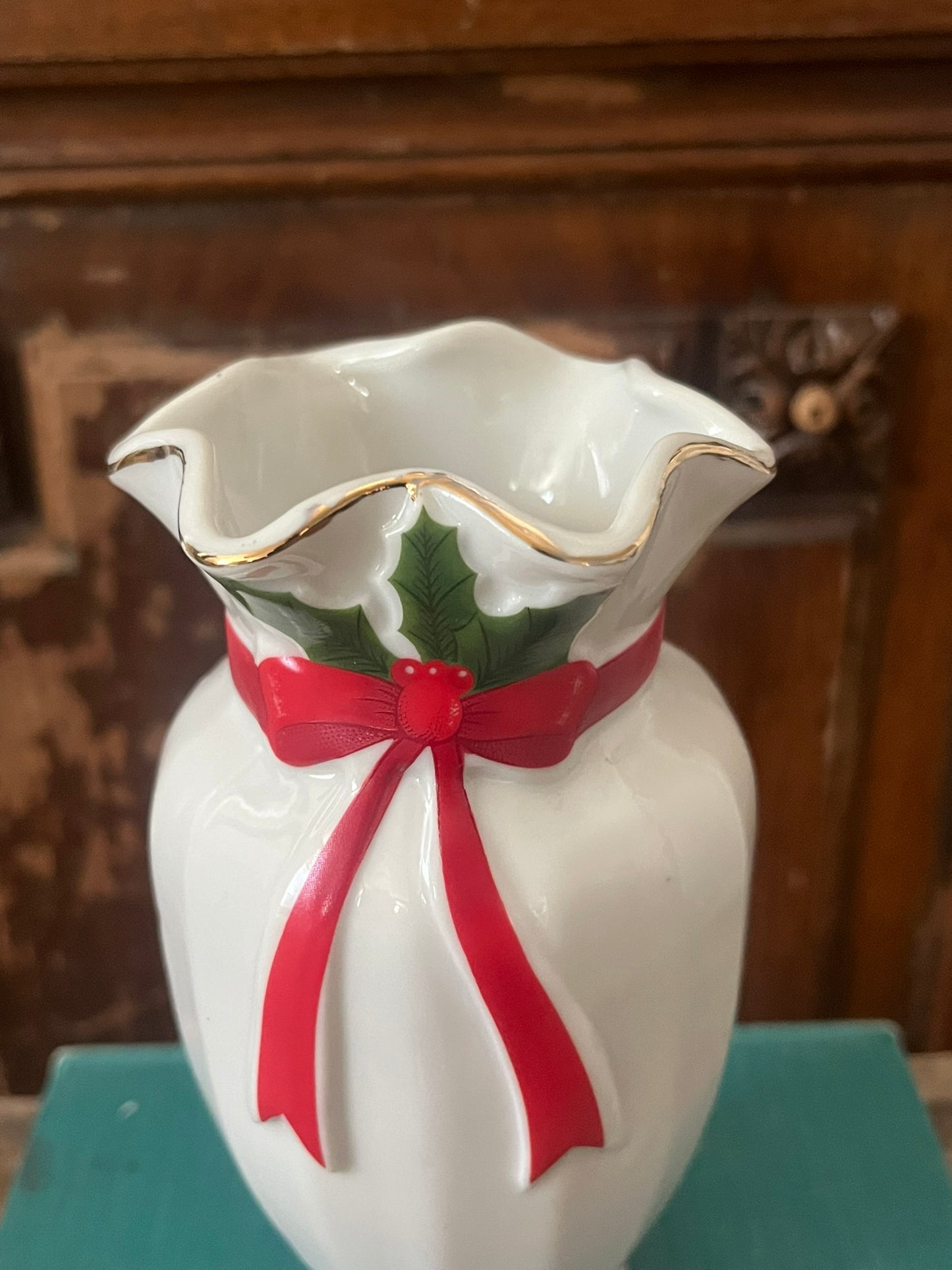 Holly Leaf and Red Ribbon Bow Christmas Vase