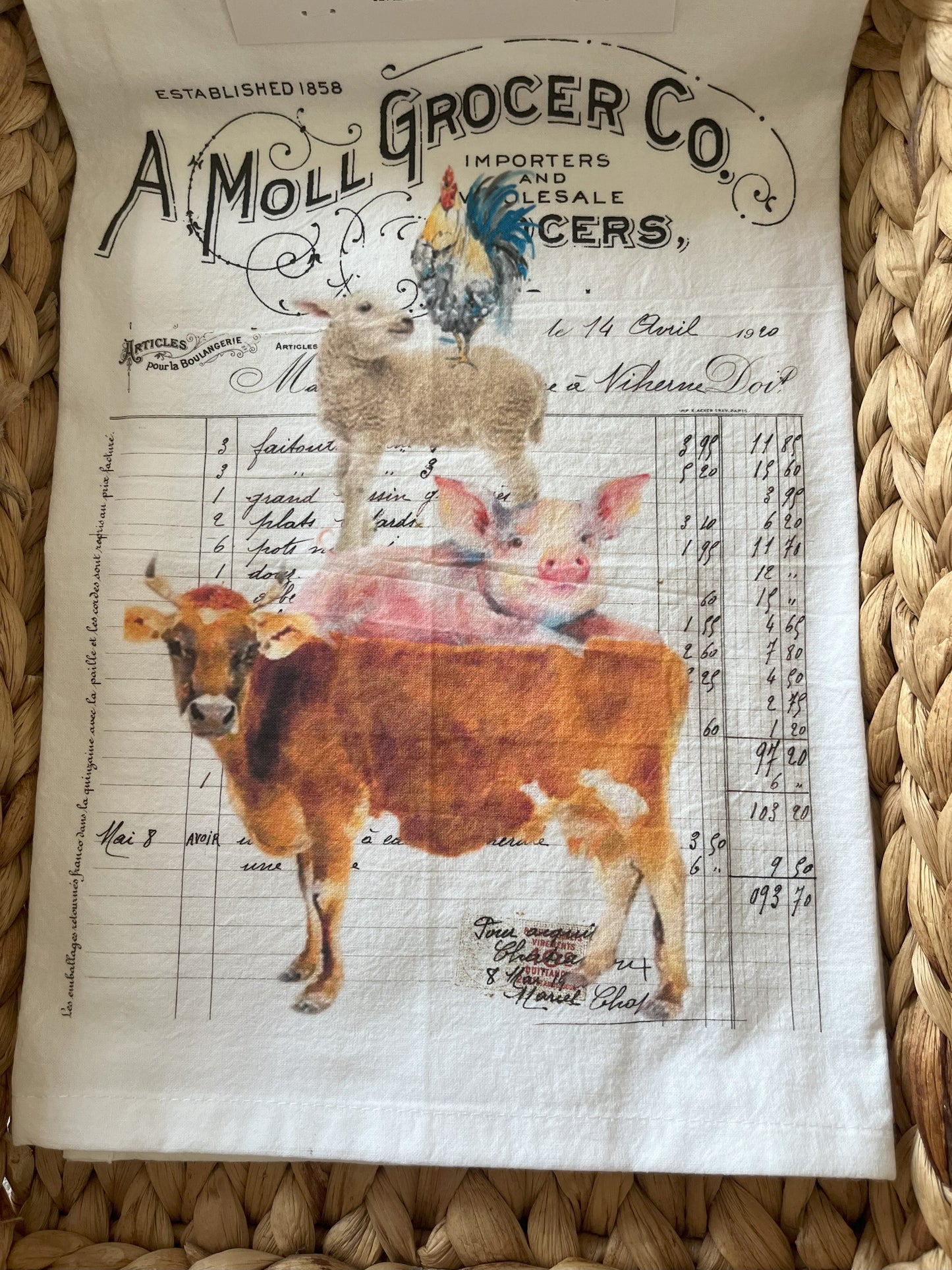 Vintage Farm Animals Grocers Flour Sack Tea Towel