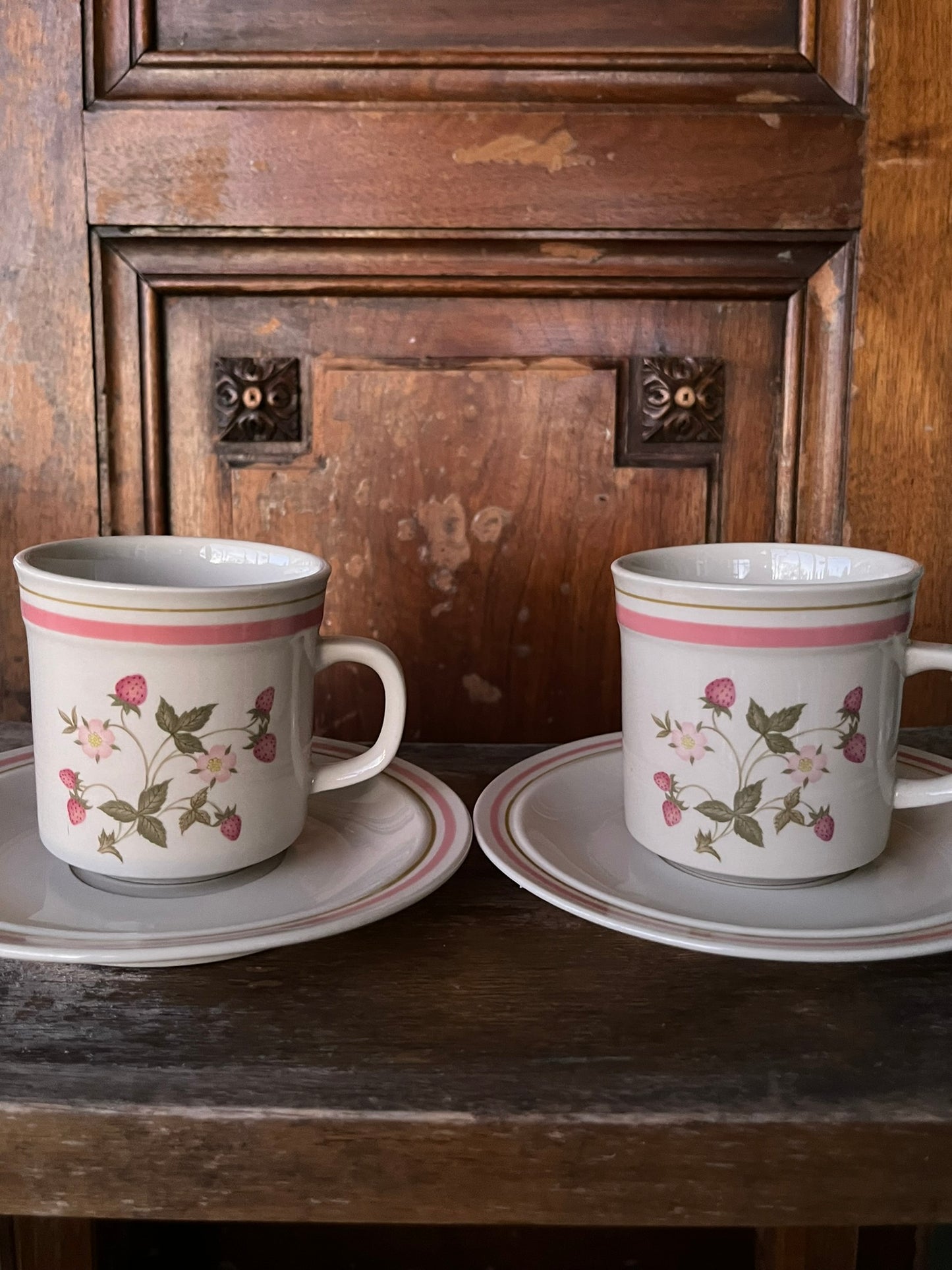 Newcor Stoneware Strawberry Patch (Set of Two) Cups and Saucers CottageCore Style