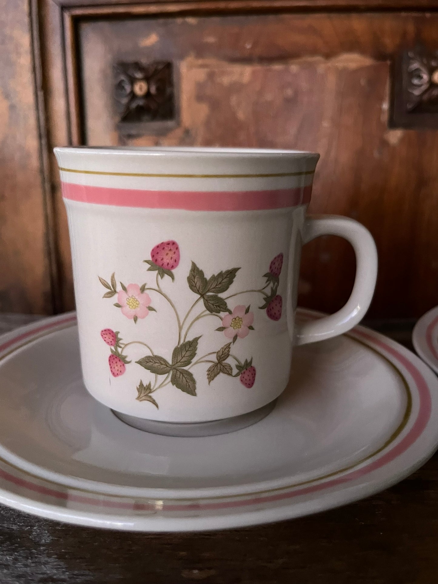 Newcor Stoneware Strawberry Patch (Set of Two) Cups and Saucers CottageCore Style