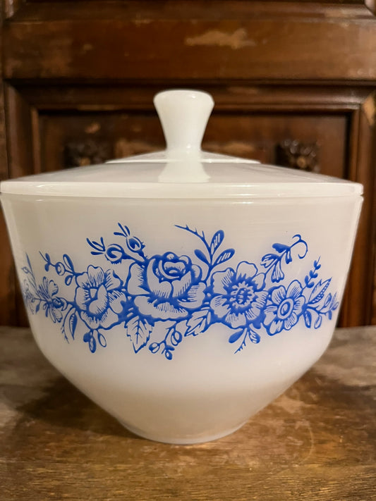 Milk Glass Decorative Dish with Lid and  a Blue Floral Design Vintage and CottageCore Style