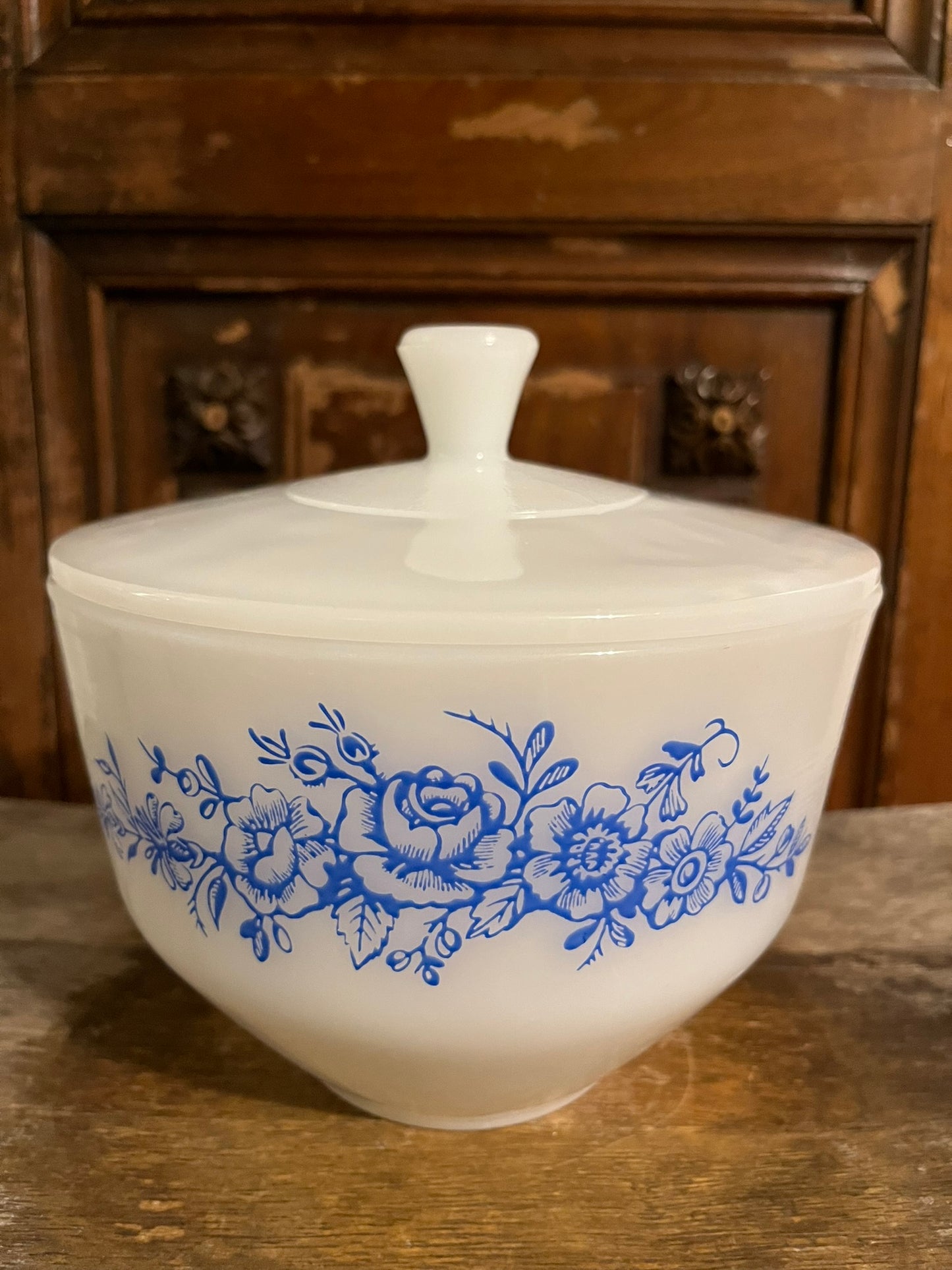 Milk Glass Decorative Dish with Lid and  a Blue Floral Design Vintage and CottageCore Style