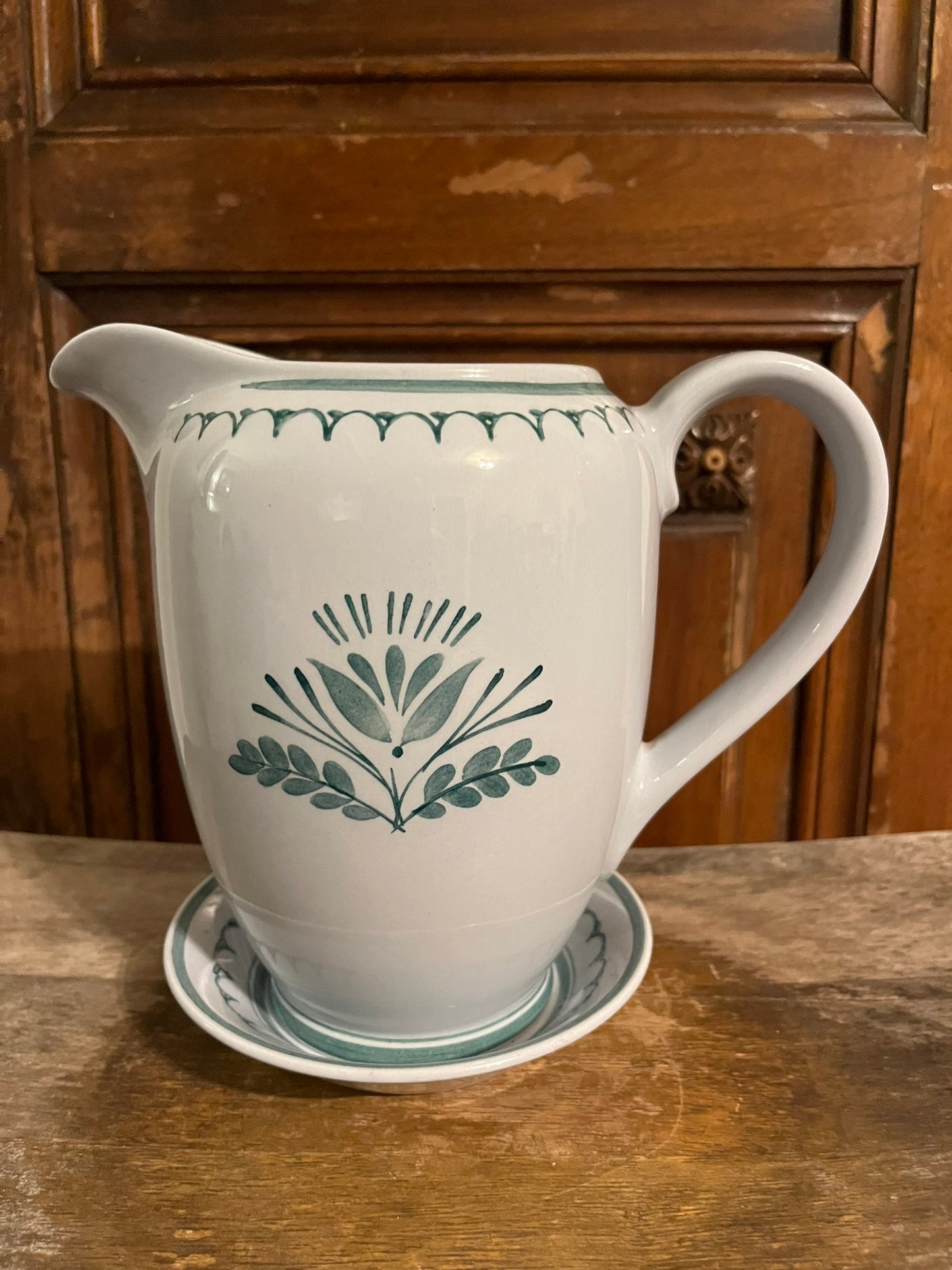 Green Thistle Hand painted Decorative Pitcher and Saucer