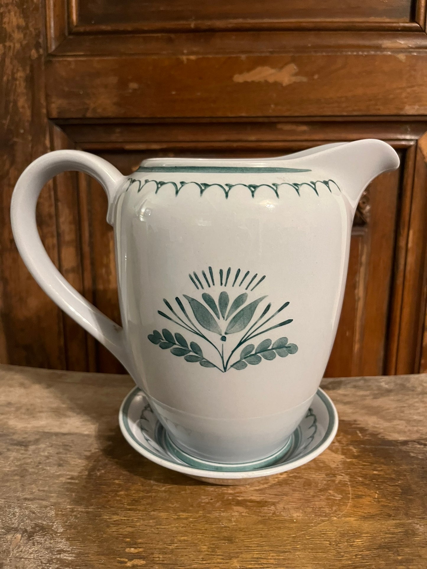 Green Thistle Hand painted Decorative Pitcher and Saucer