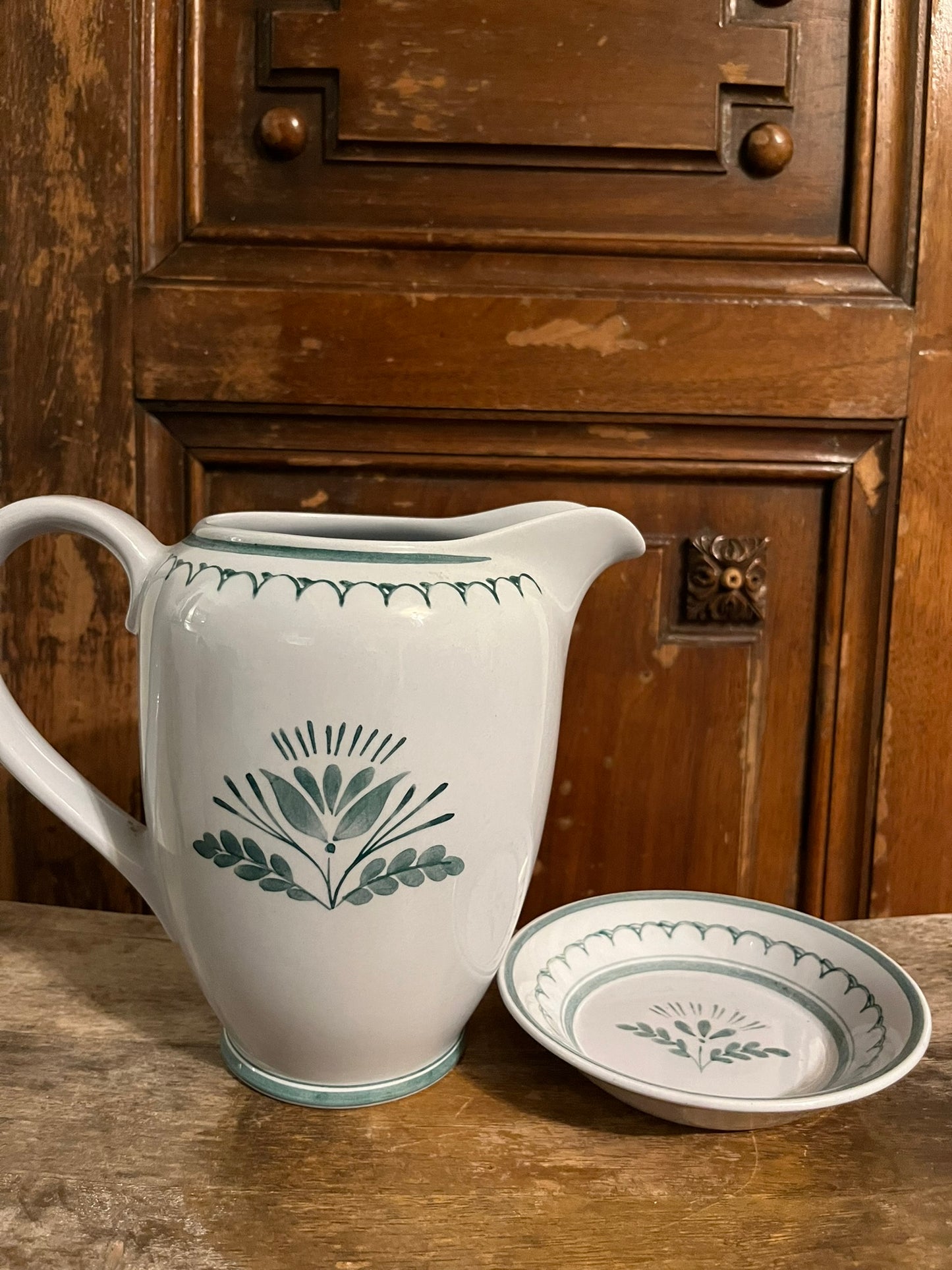 Green Thistle Hand painted Decorative Pitcher and Saucer