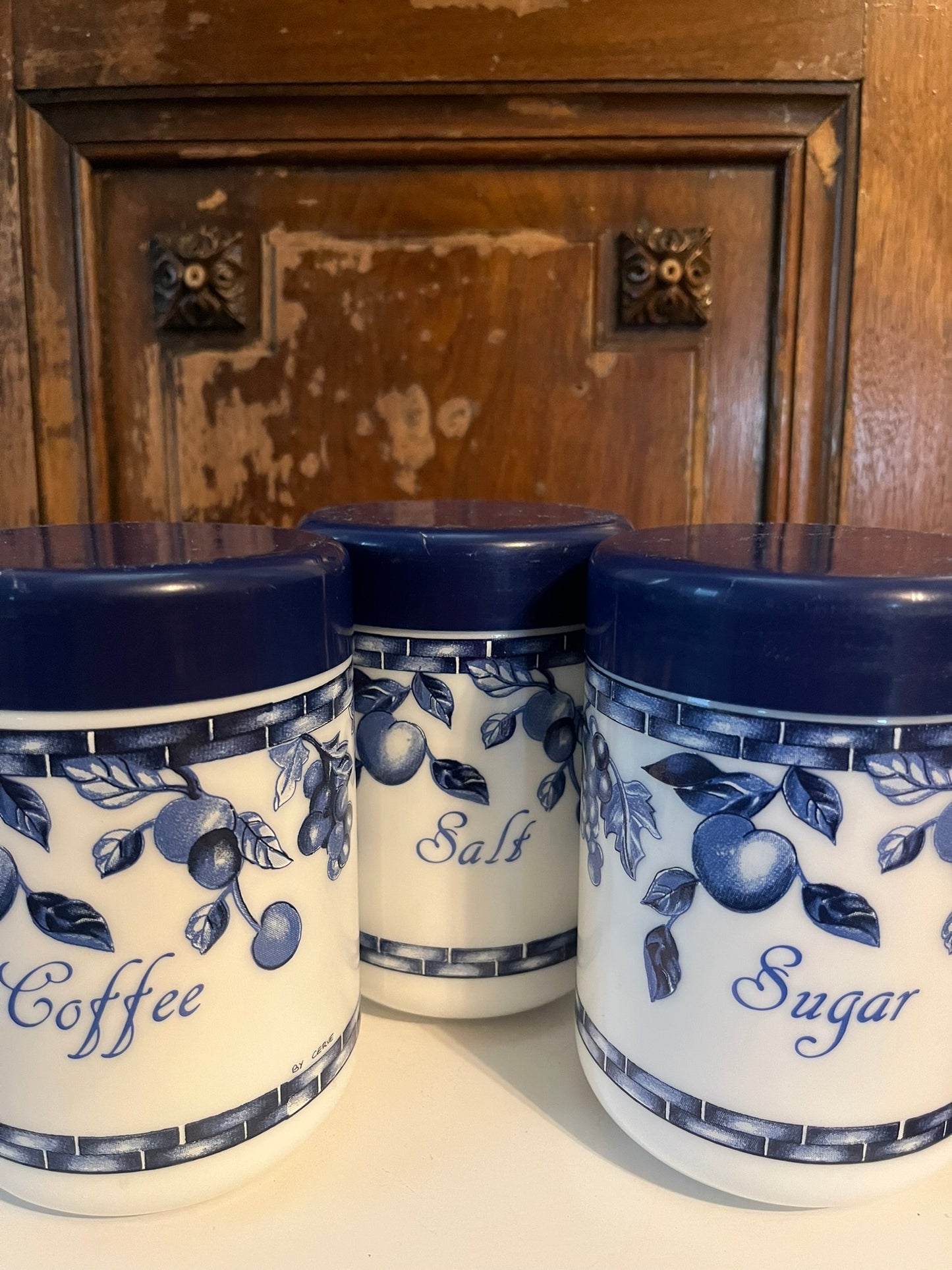 Set of Three Blue and White Decorative Canisters CottageCore Style