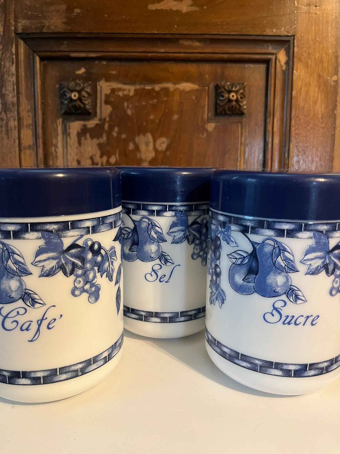 Set of Three Blue and White Decorative Canisters CottageCore Style