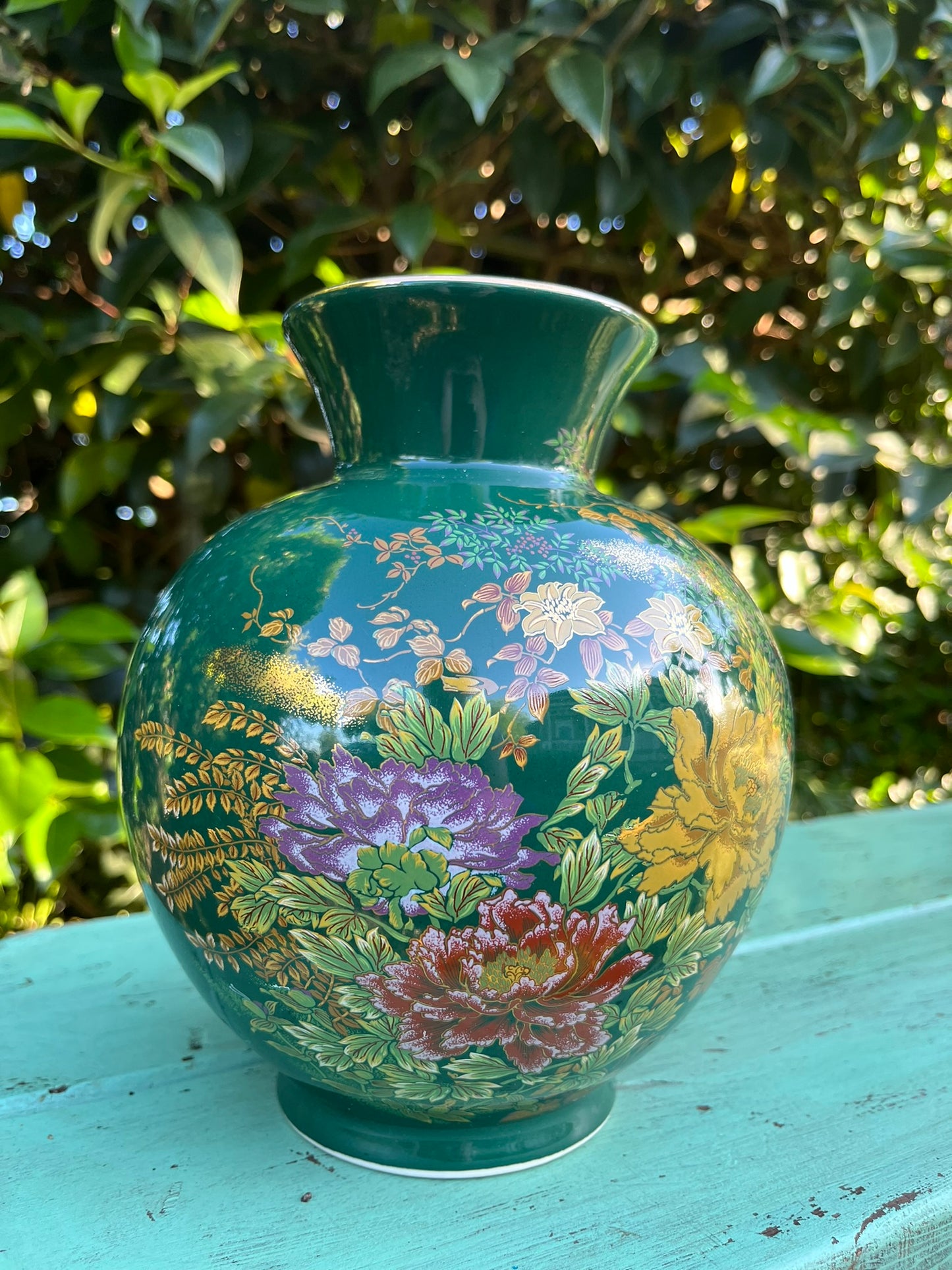 Dark Green Vase With Floral Design and Butterflies Made in Japan