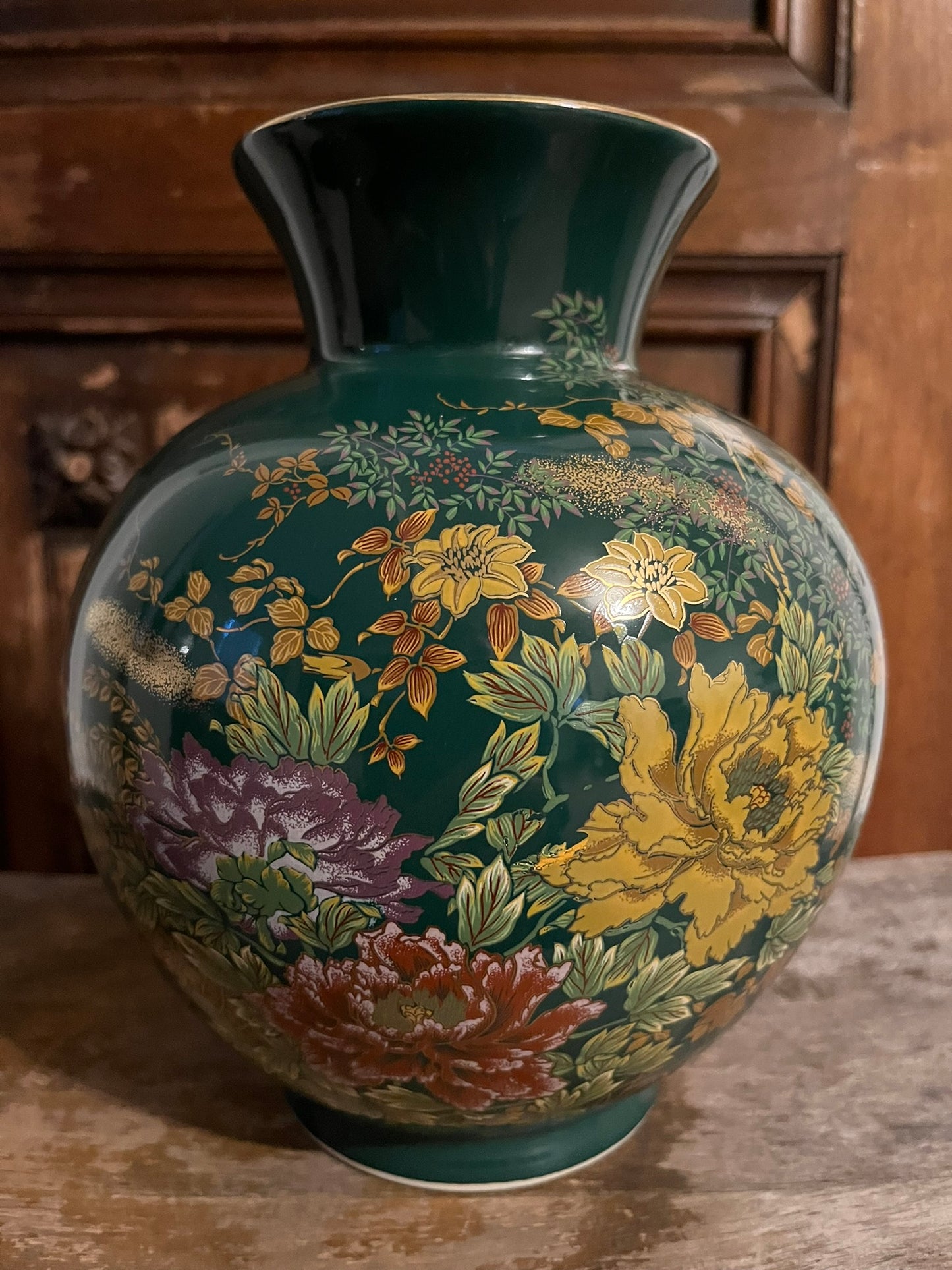 Dark Green Vase With Floral Design and Butterflies Made in Japan