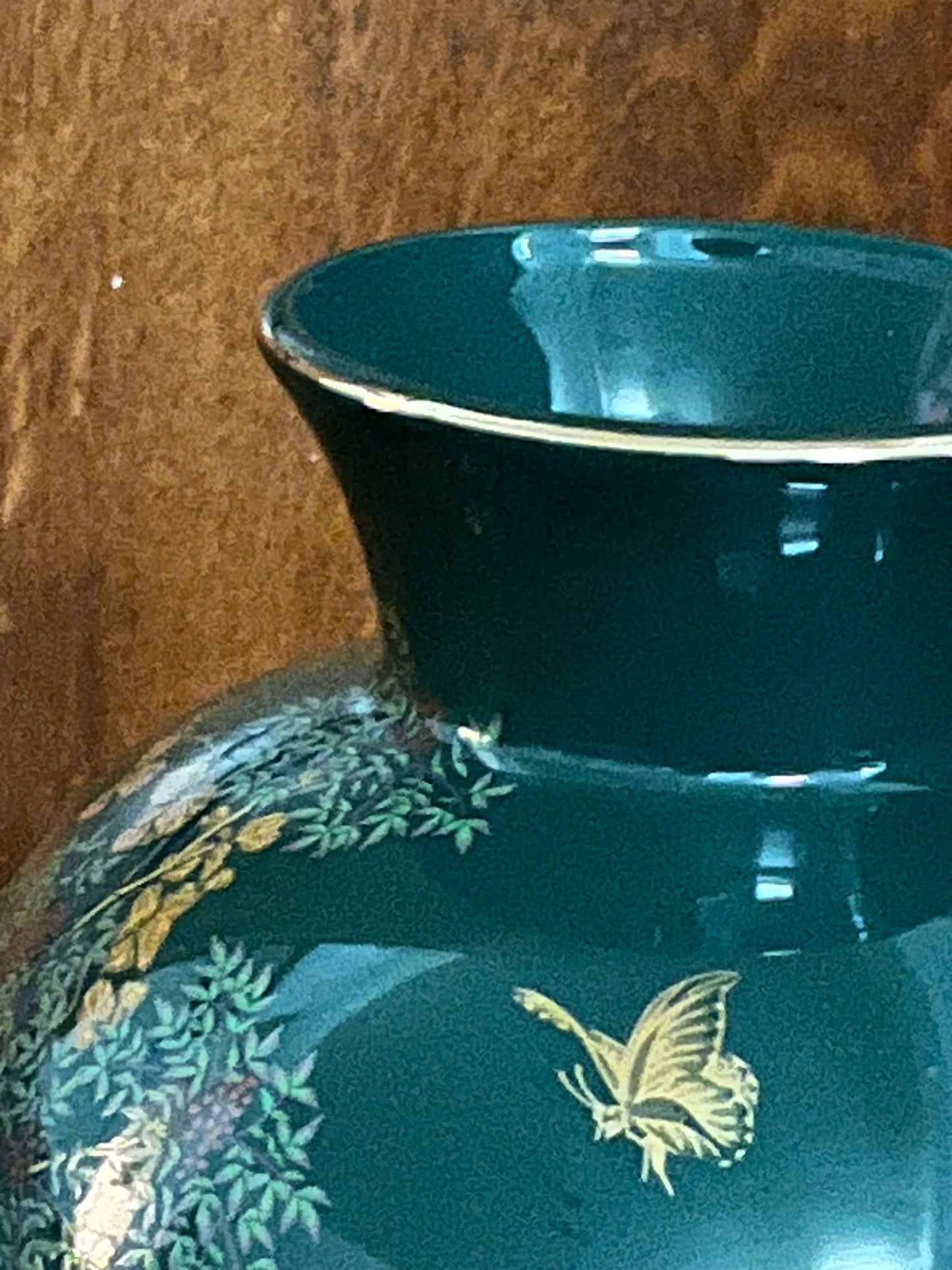 Dark Green Vase With Floral Design and Butterflies Made in Japan