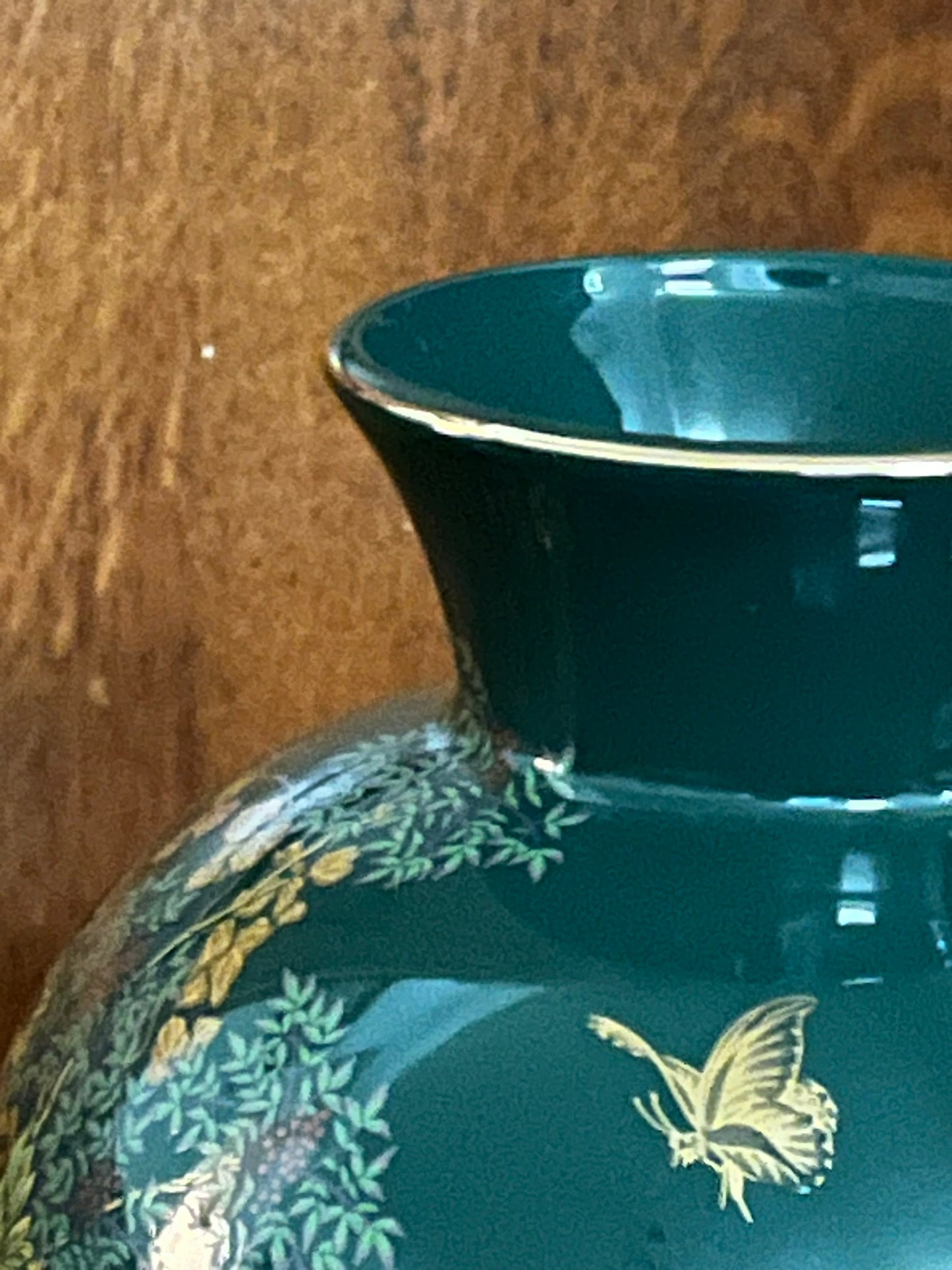 Dark Green Vase With Floral Design and Butterflies Made in Japan