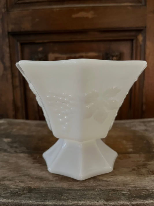 Vintage White Milk Glass Grape Leaf Pedastal Dish Vase