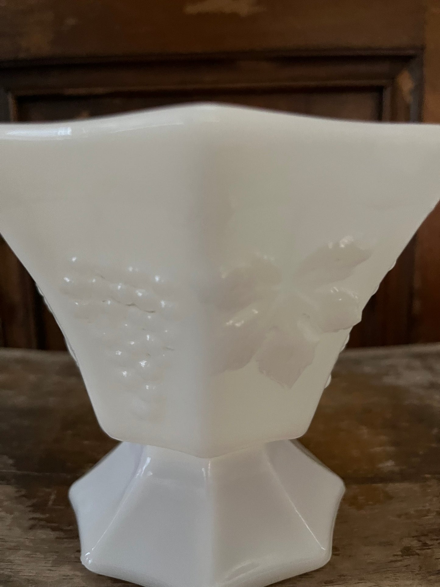 Vintage White Milk Glass Grape Leaf Pedastal Dish Vase