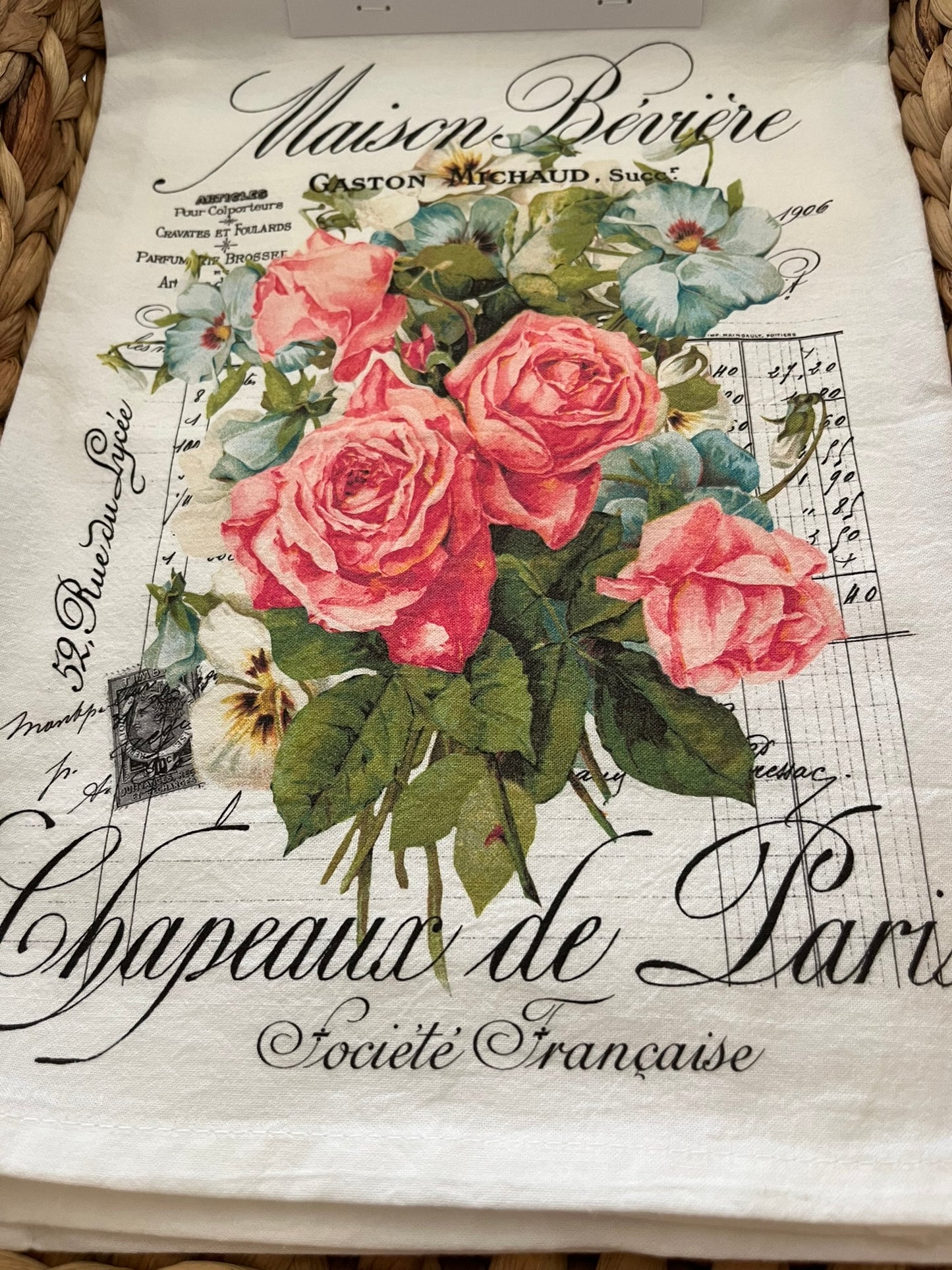 Vintage French Garden Roses Paris Tea Towel