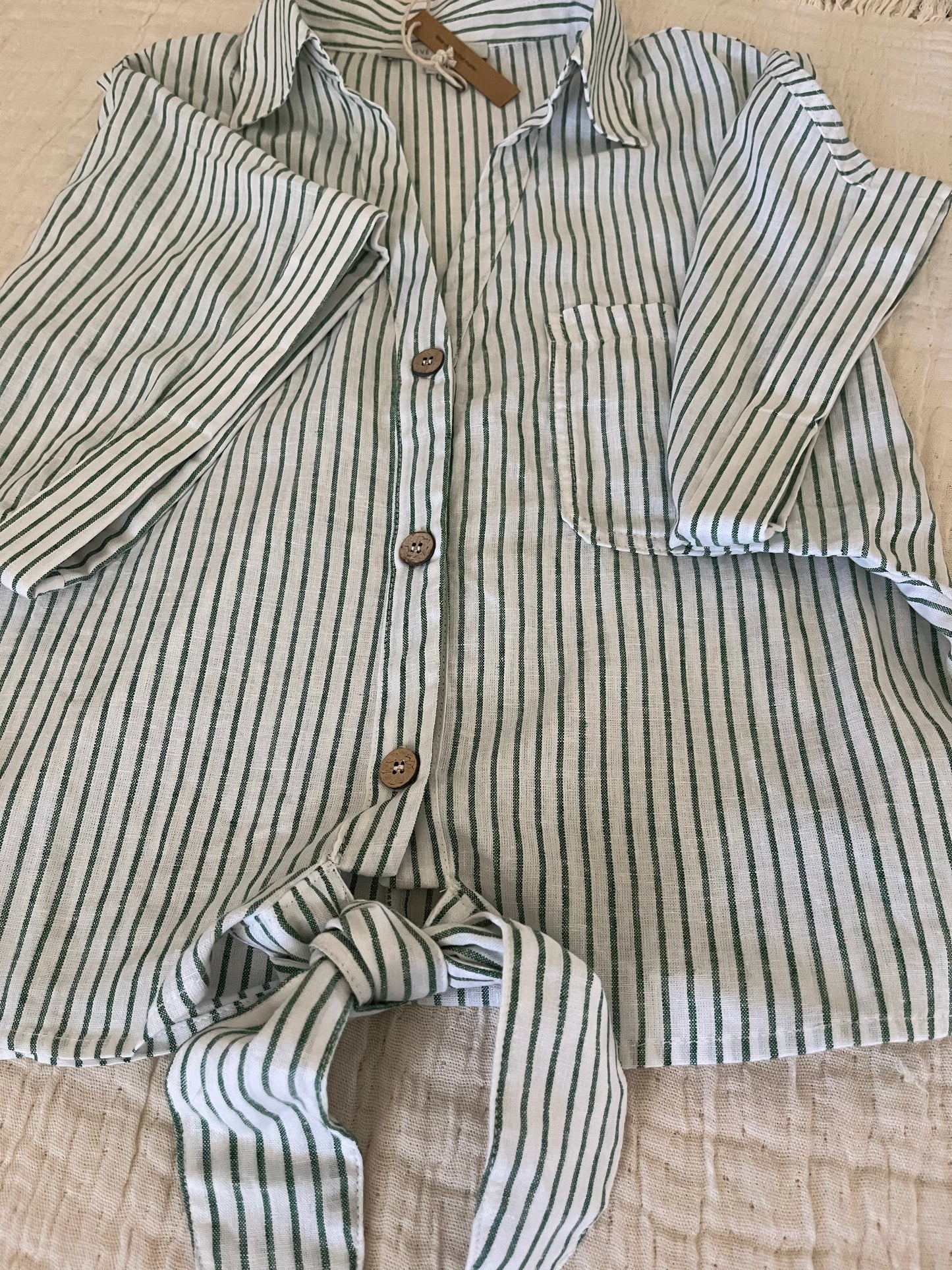 Green Striped Tie Front Short Sleeve Top