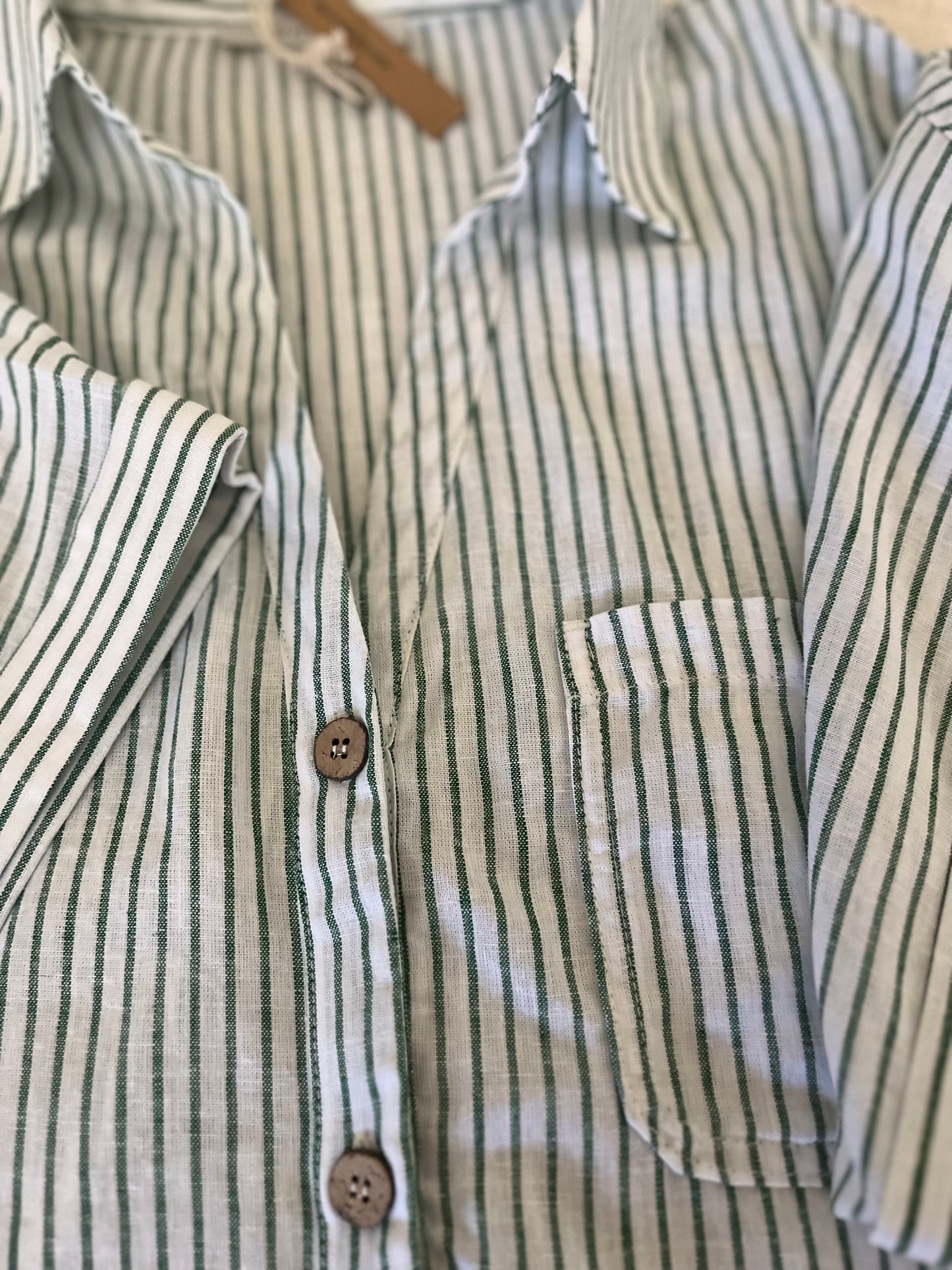 Green Striped Tie Front Short Sleeve Top