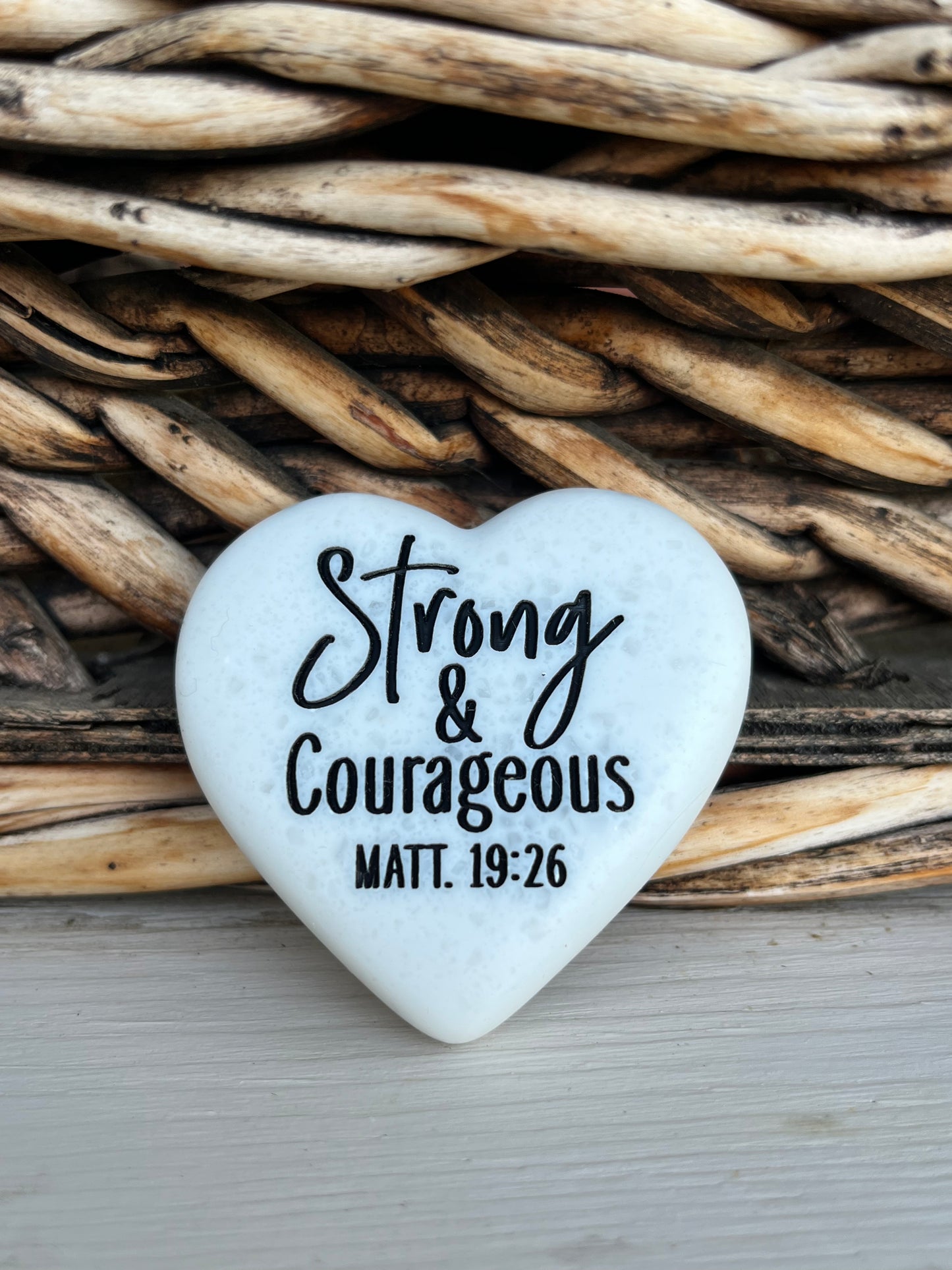 Decorative Heart Shaped Stone With Scripture Strong and Courageous