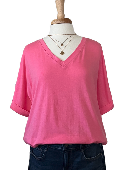 Rolled Short Sleeve Basic Daily Pink Top