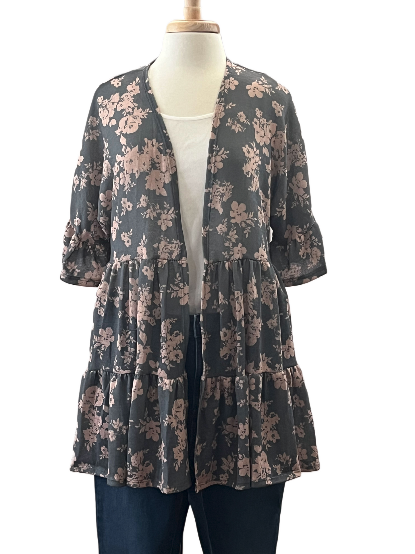 Teal And Beige Floral Kimono Cardigan